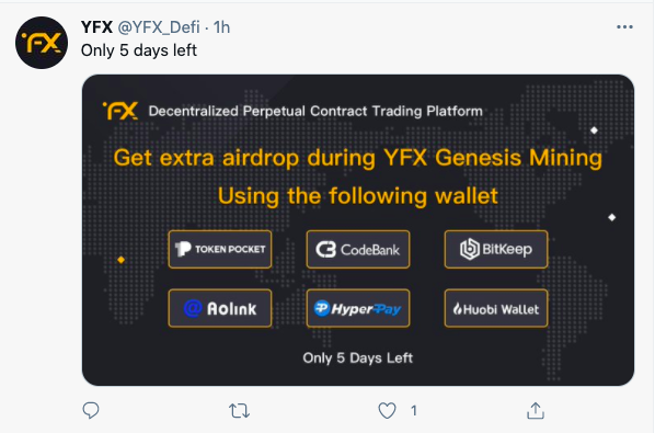 YFX限时空投来啦!去中心化永续合约交易平台YFX联合6大钱包空投进行时
